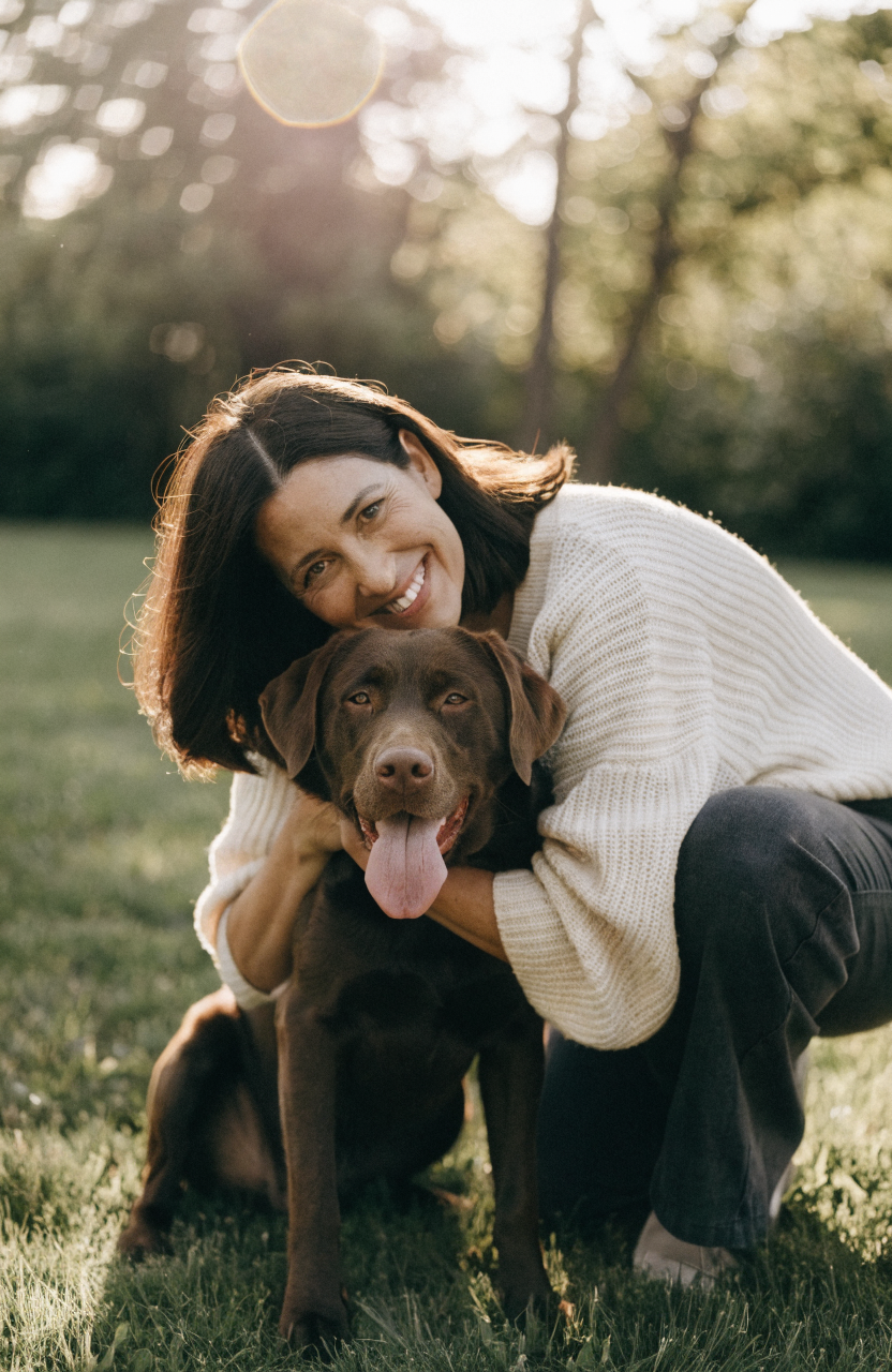 Uśmiechnięta opiekunka przytulająca czekoladowego labradora