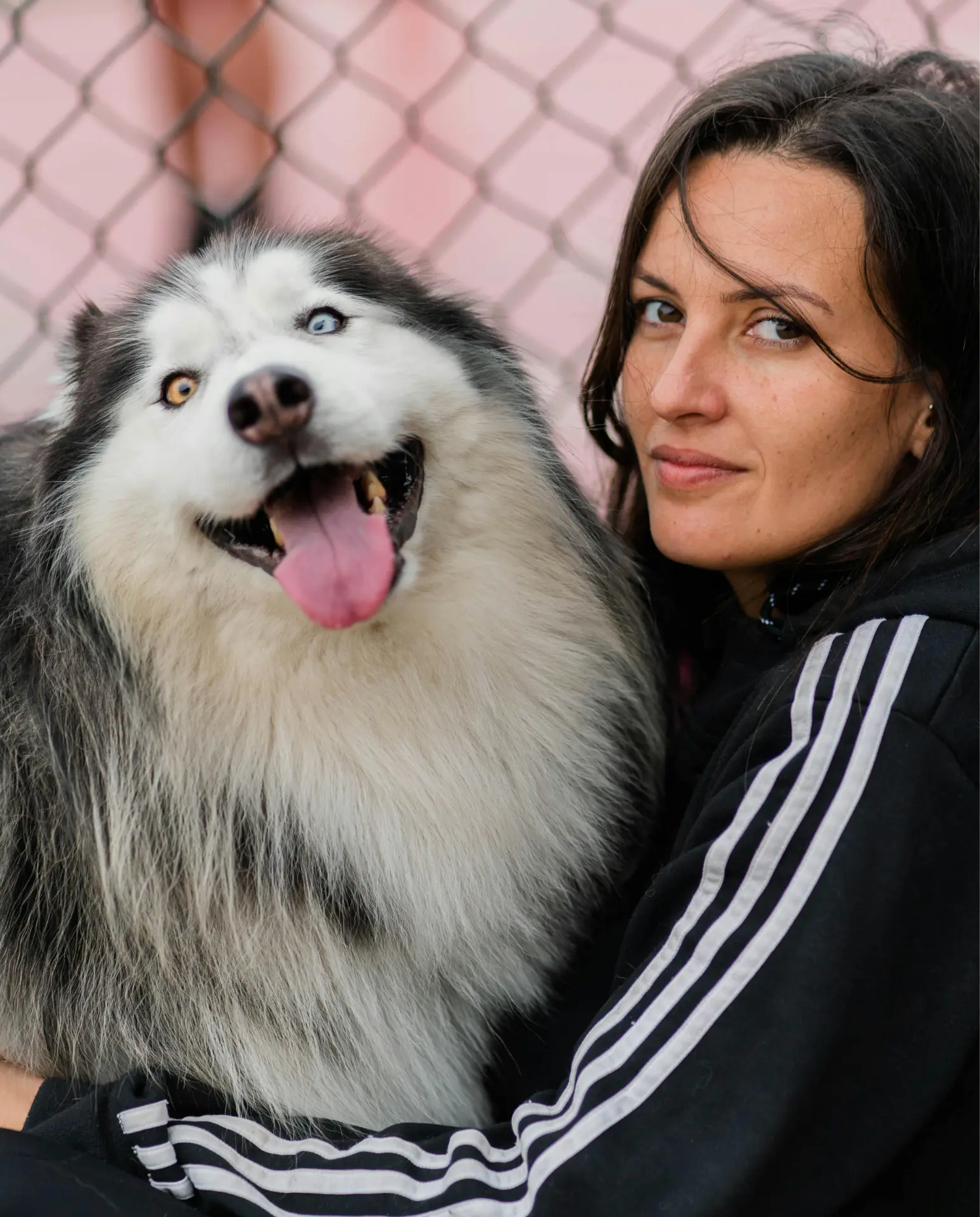 Opiekunka przytulona do husky'ego